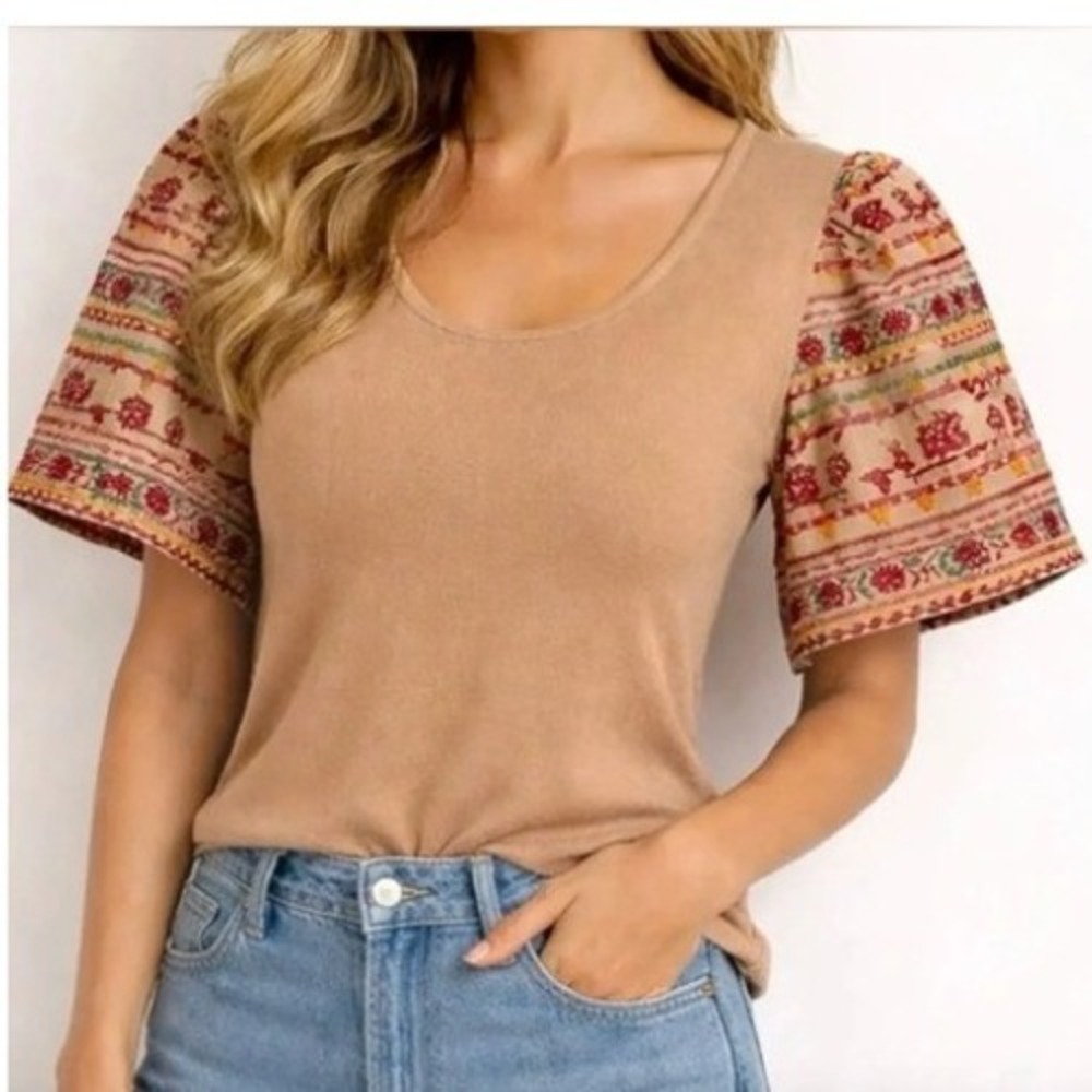 Anthropologie Dolan Boho Folk Embroidered‎ Puff Sleeve Knit Top Blouse Size M